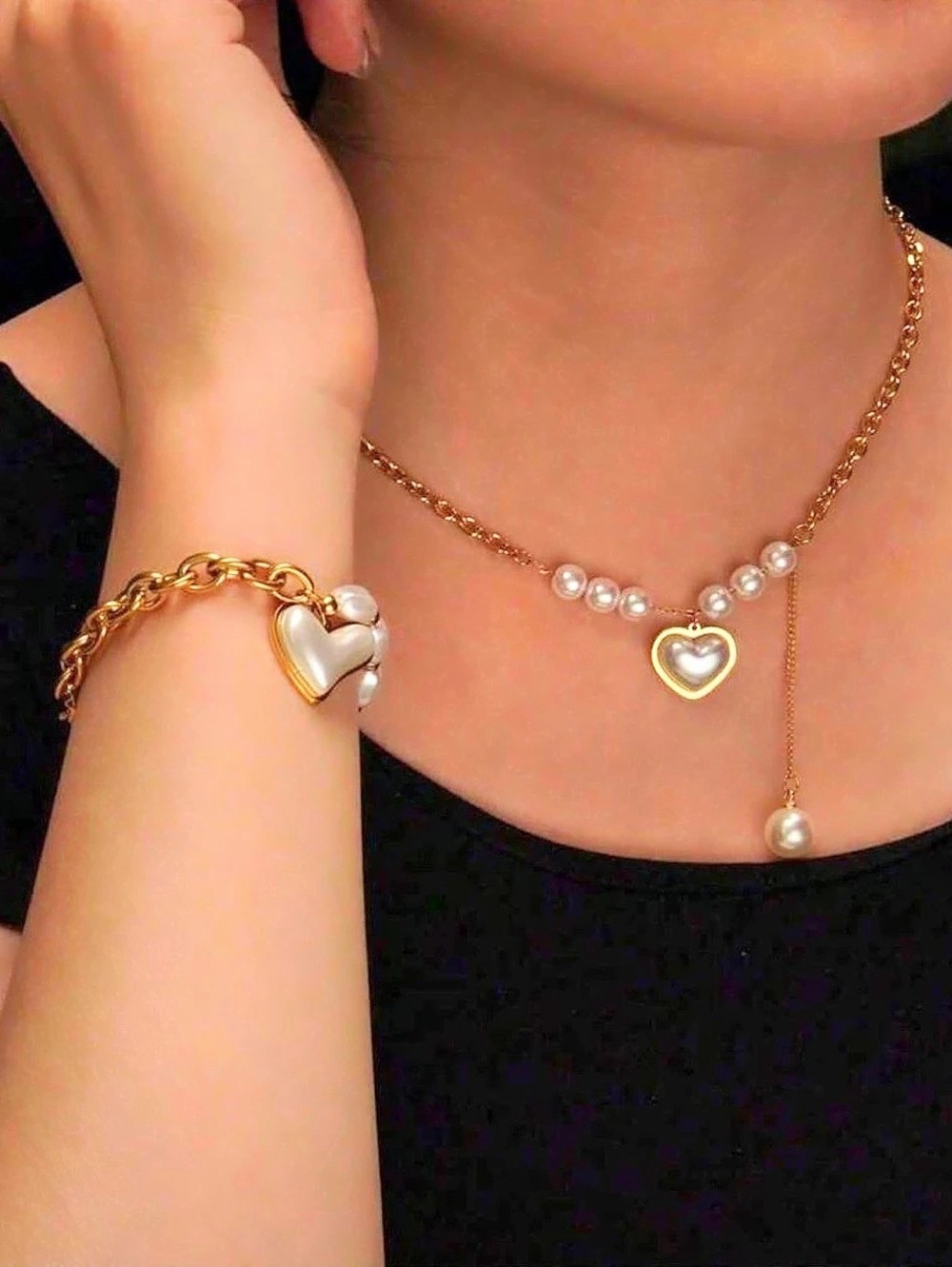 Heart Pearl Necklace & Bracelet Set